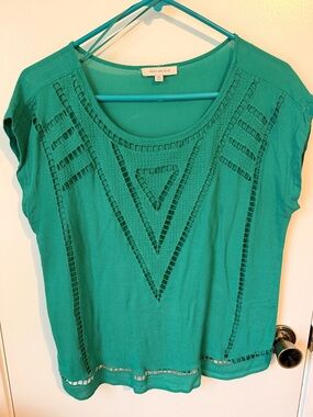 Skies Are Blue Teal Crochet-Detail Short Sleeve Top